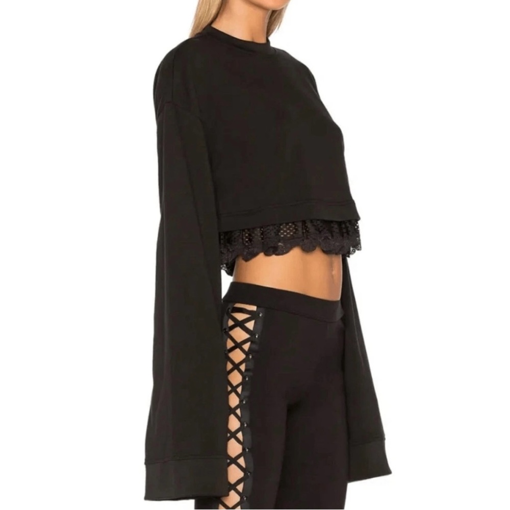 Black Cropped Lace-Hem Sweatshirt - Women